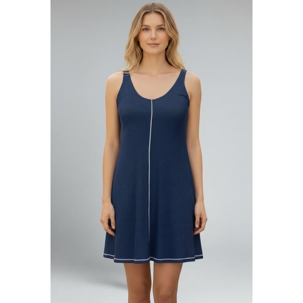 Good Luck Gem  Double-V, Ribbed Mini Tank Dress, Navy